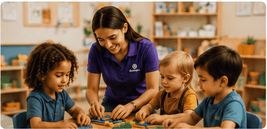 Educators and children sharing a group activity at a childcare center