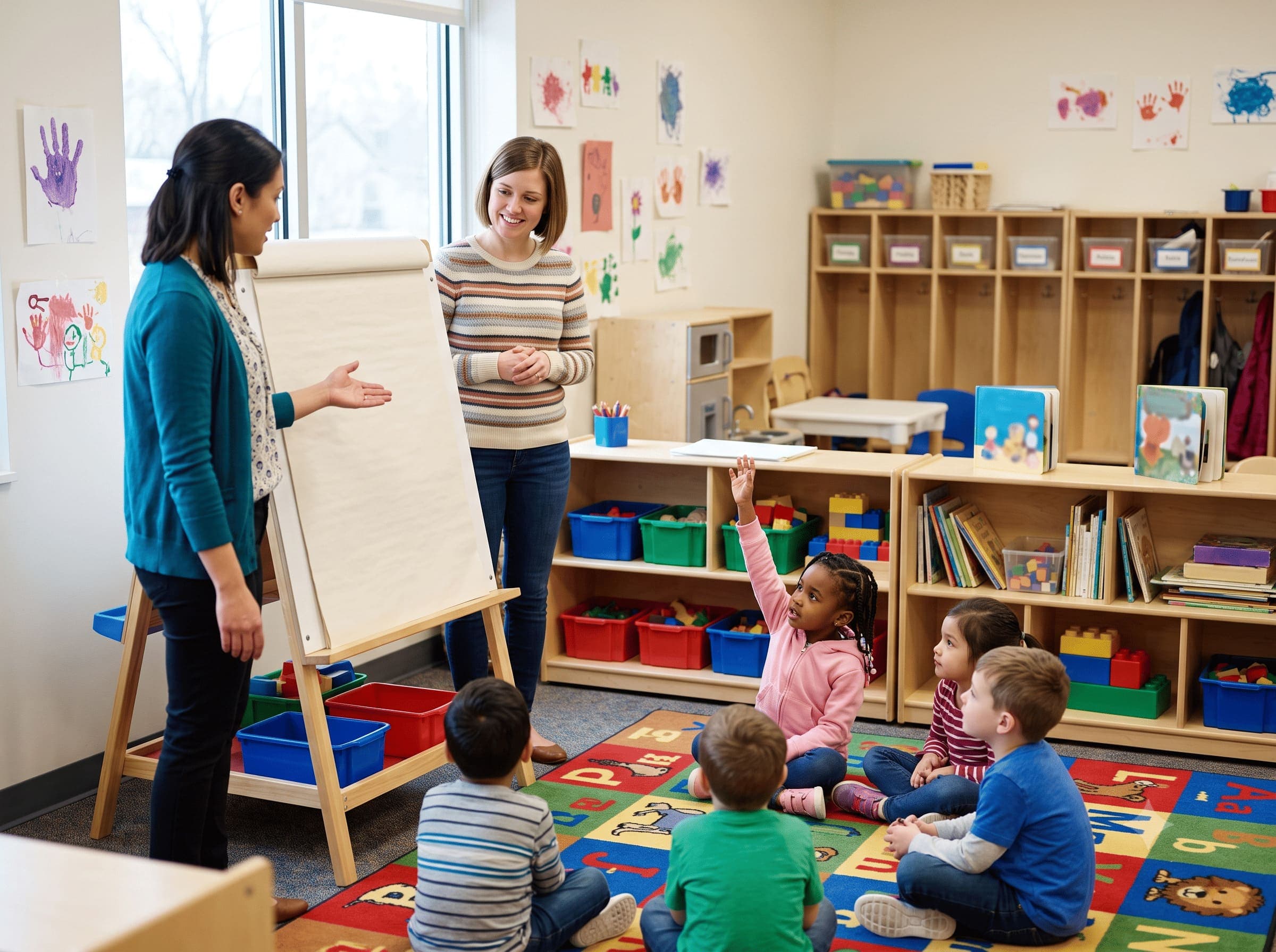 Two educators holding up an illustrated alphabet chart for a group of seated preschoolers