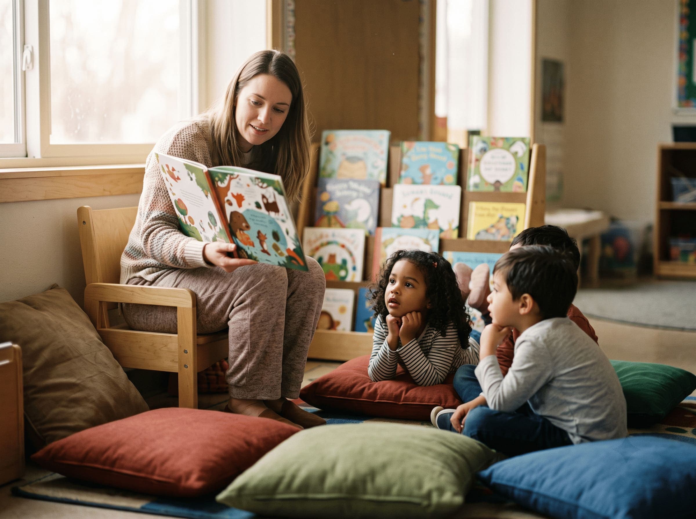 Educator reading a picture book aloud from a yellow beanbag to children seated on the floor