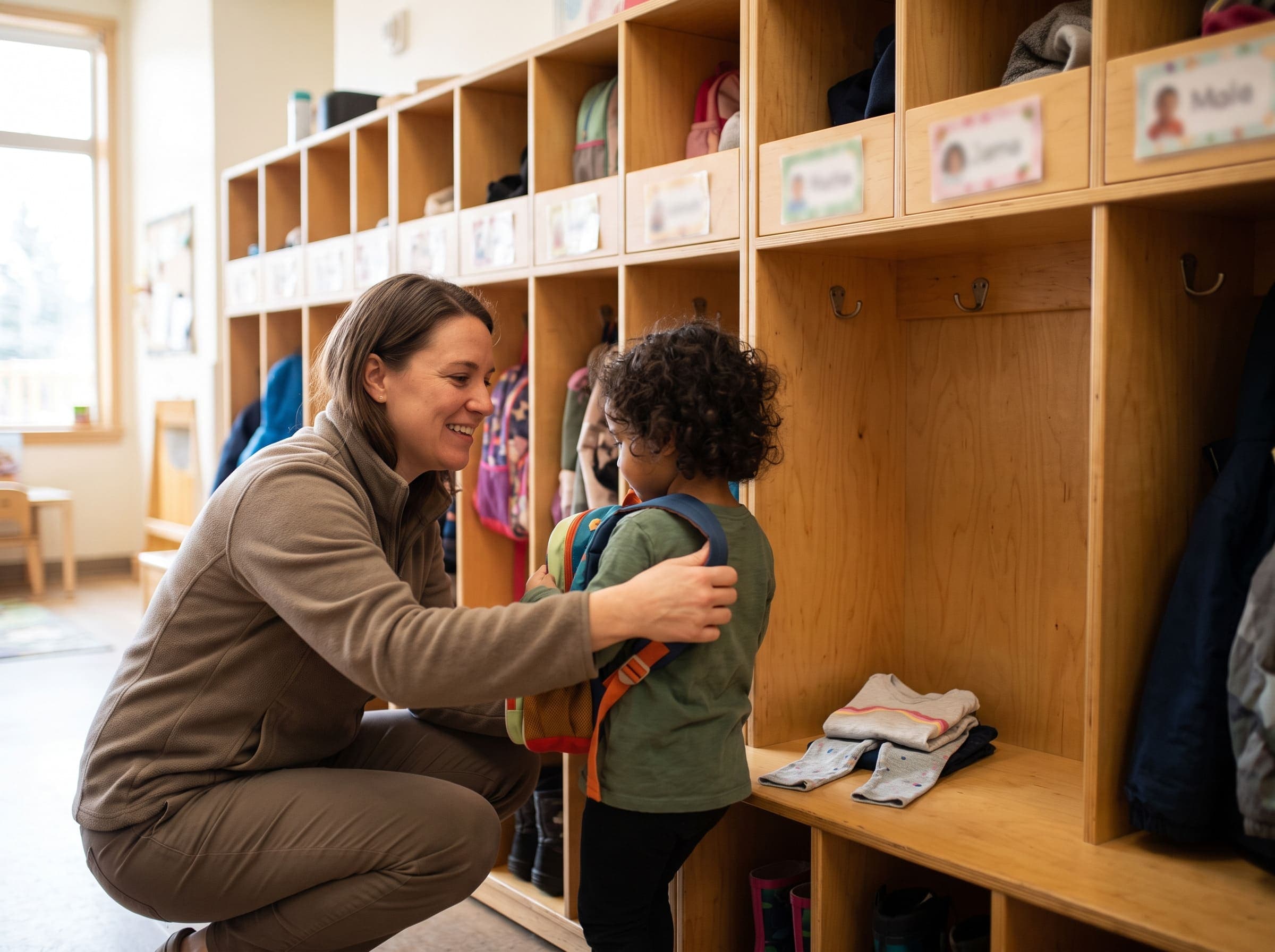 Teacher crouching to help a child with a backpack at a wooden cubby wall