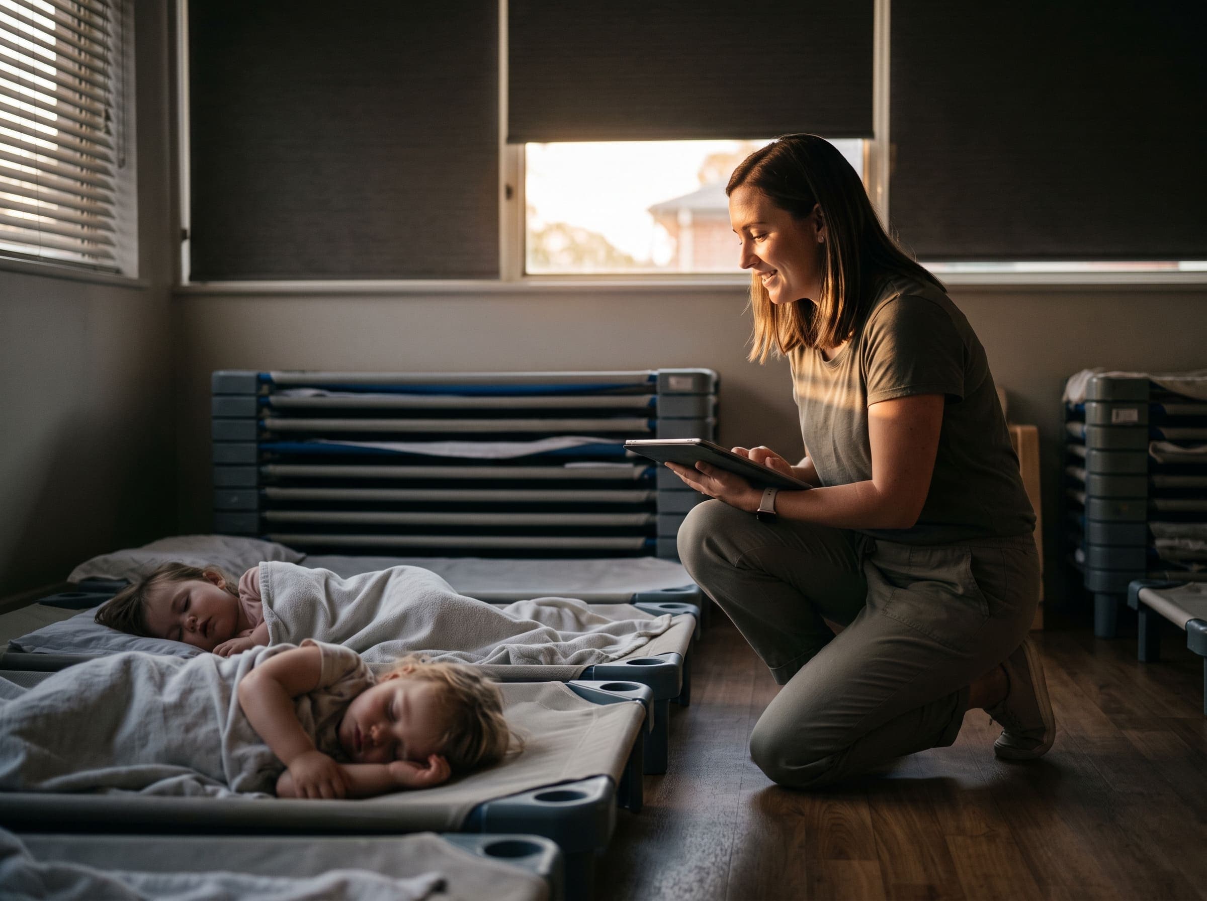 Educator kneeling with a tablet beside two toddlers asleep on low cots at rest time