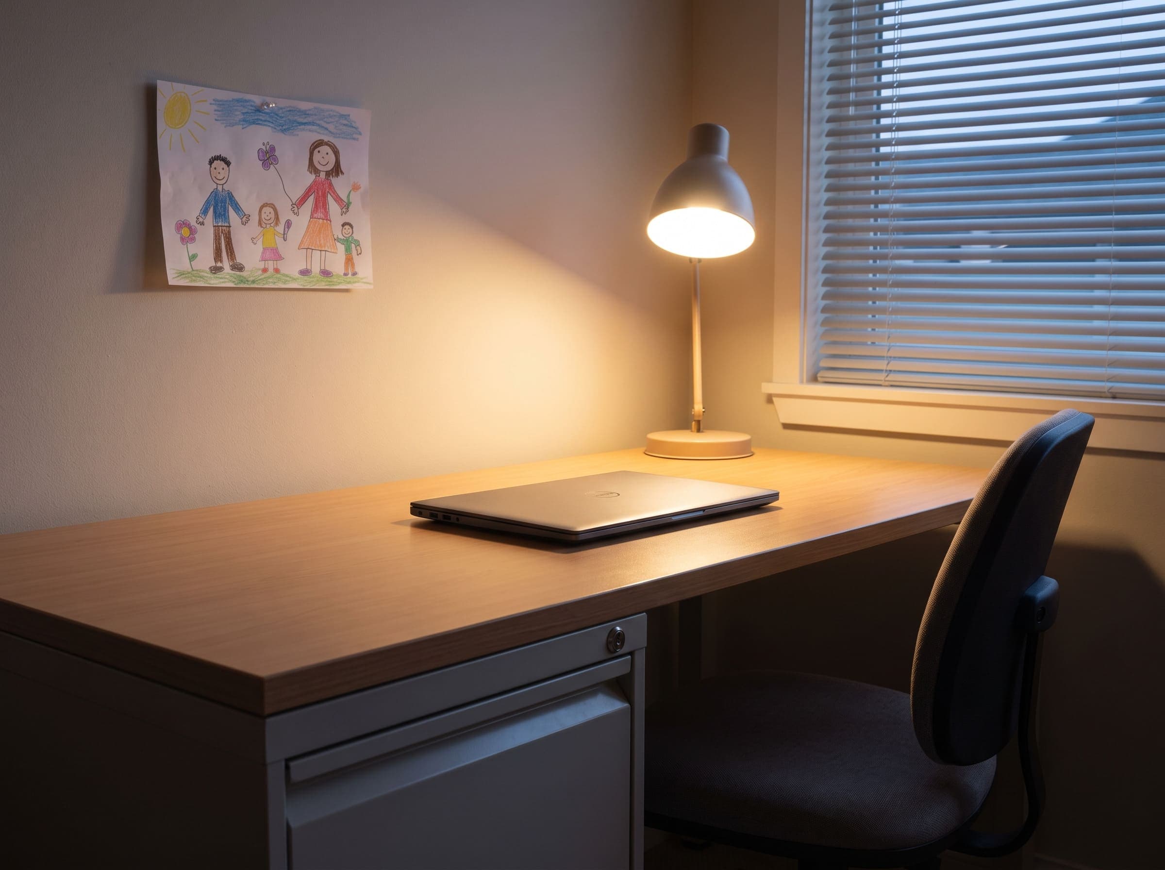 Empty childcare office at dusk with a closed laptop, desk lamp, and locked file drawer