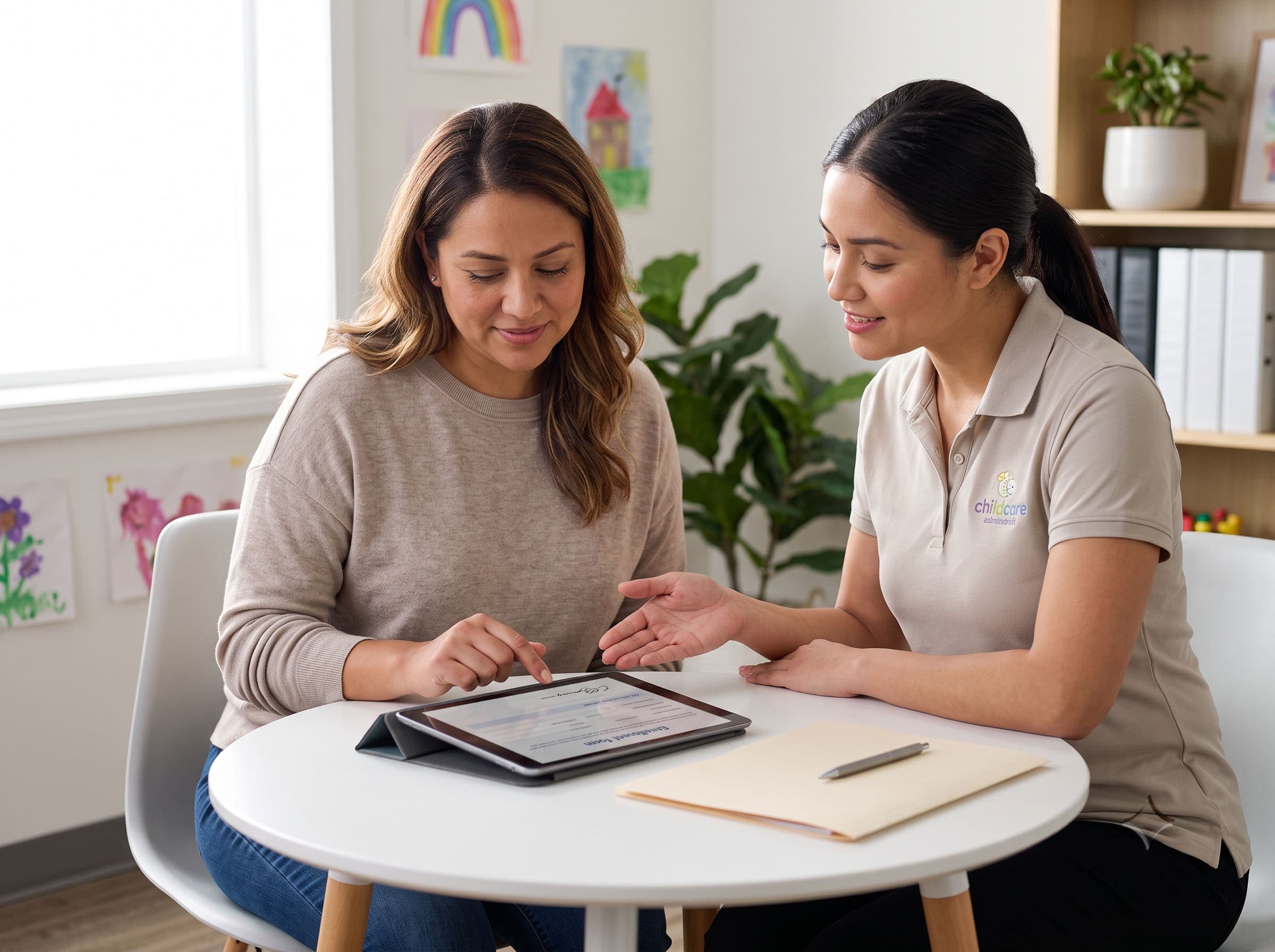 Parent signing on a tablet at a round table while an administrator points to the screen