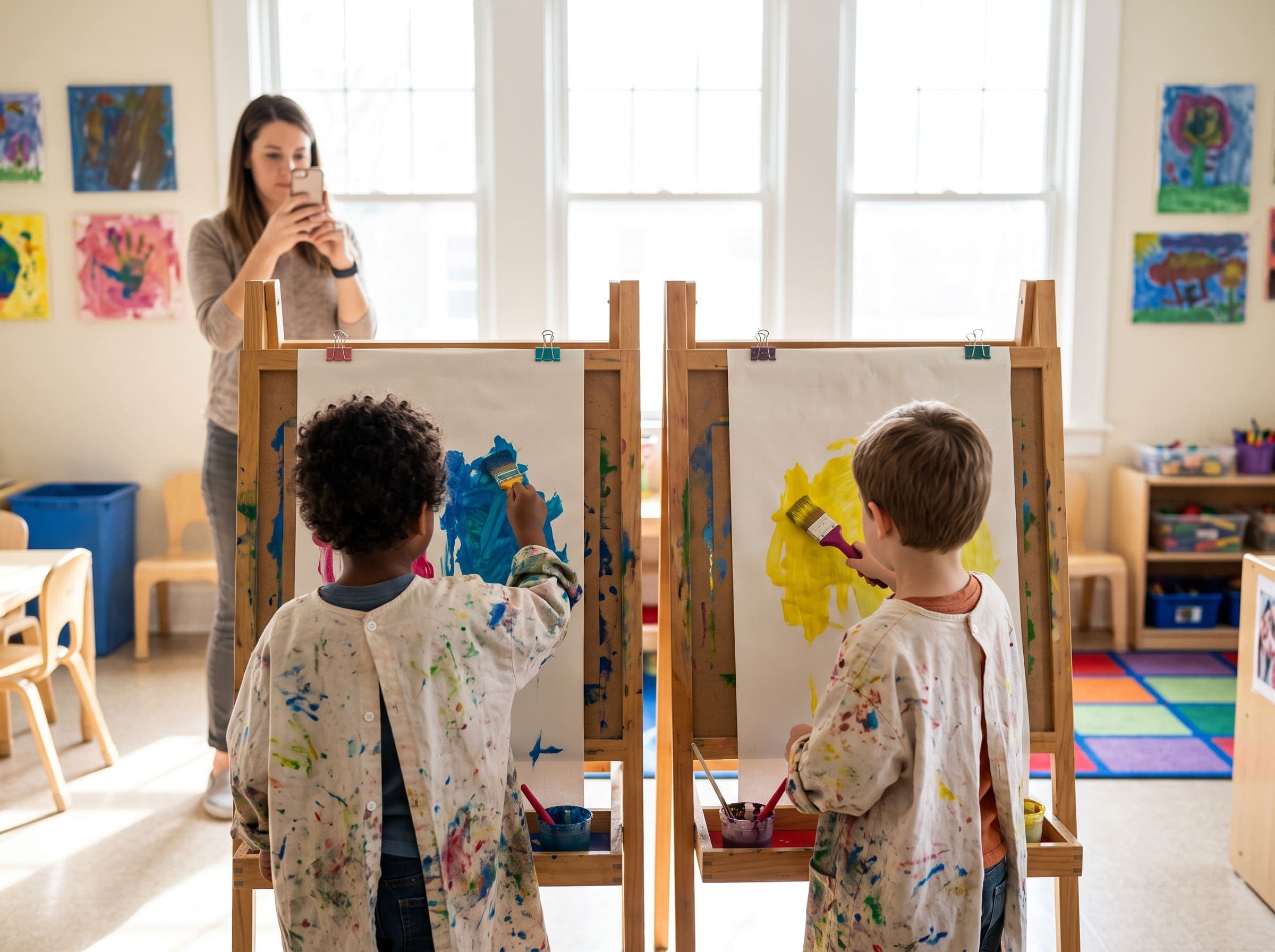 Educator photographing two children painting at easels from across the classroom
