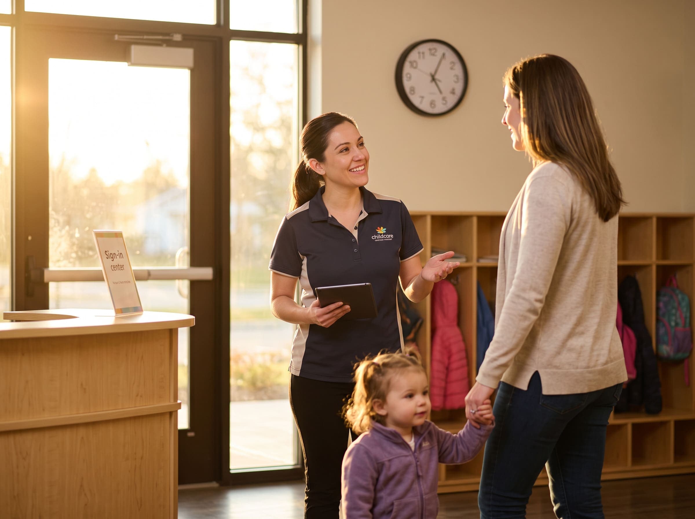 Staff member with a tablet greeting a parent and toddler arriving at the sign-in desk