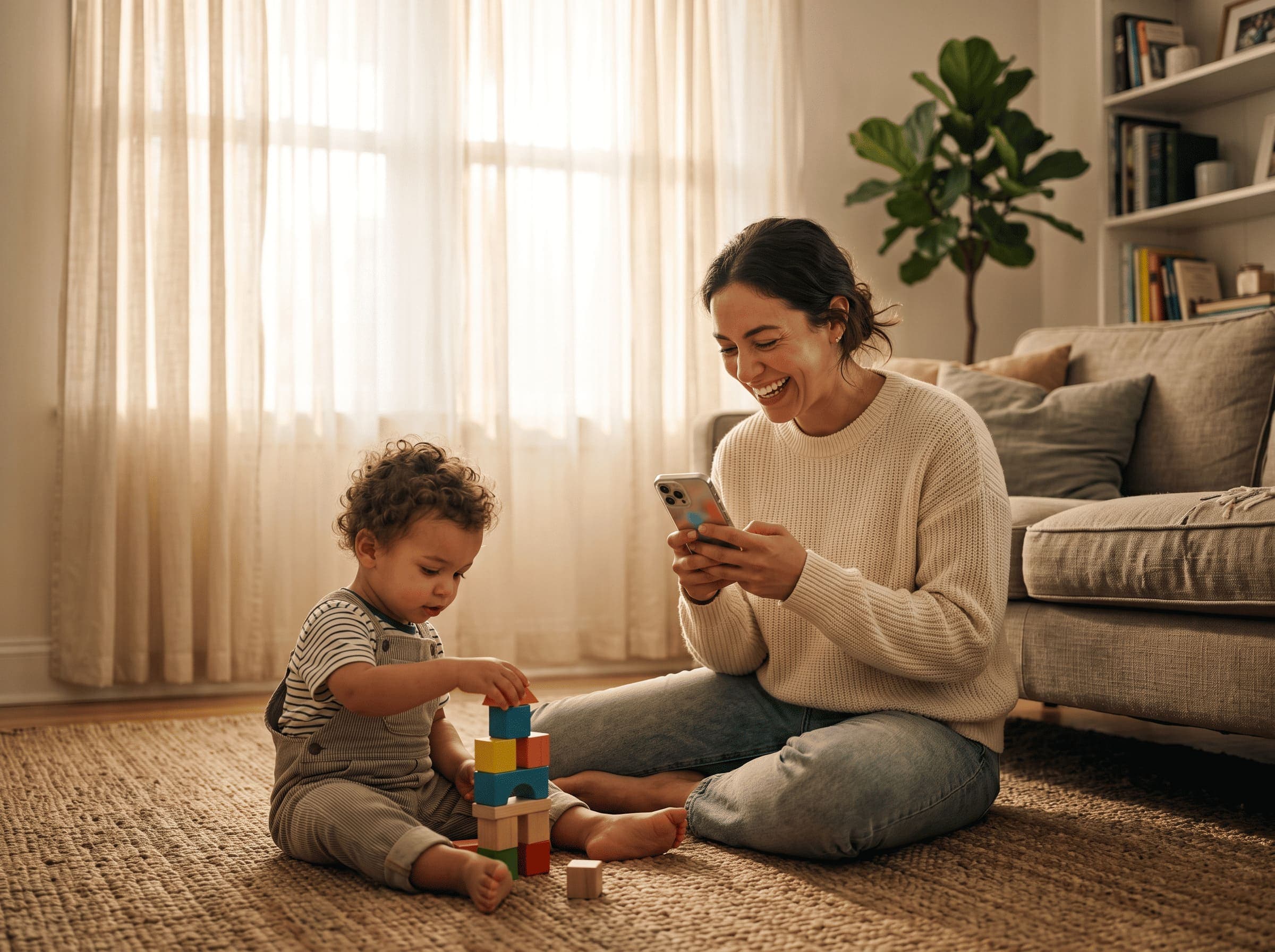 Mother hugging and kissing her smiling toddler on a blanket at home