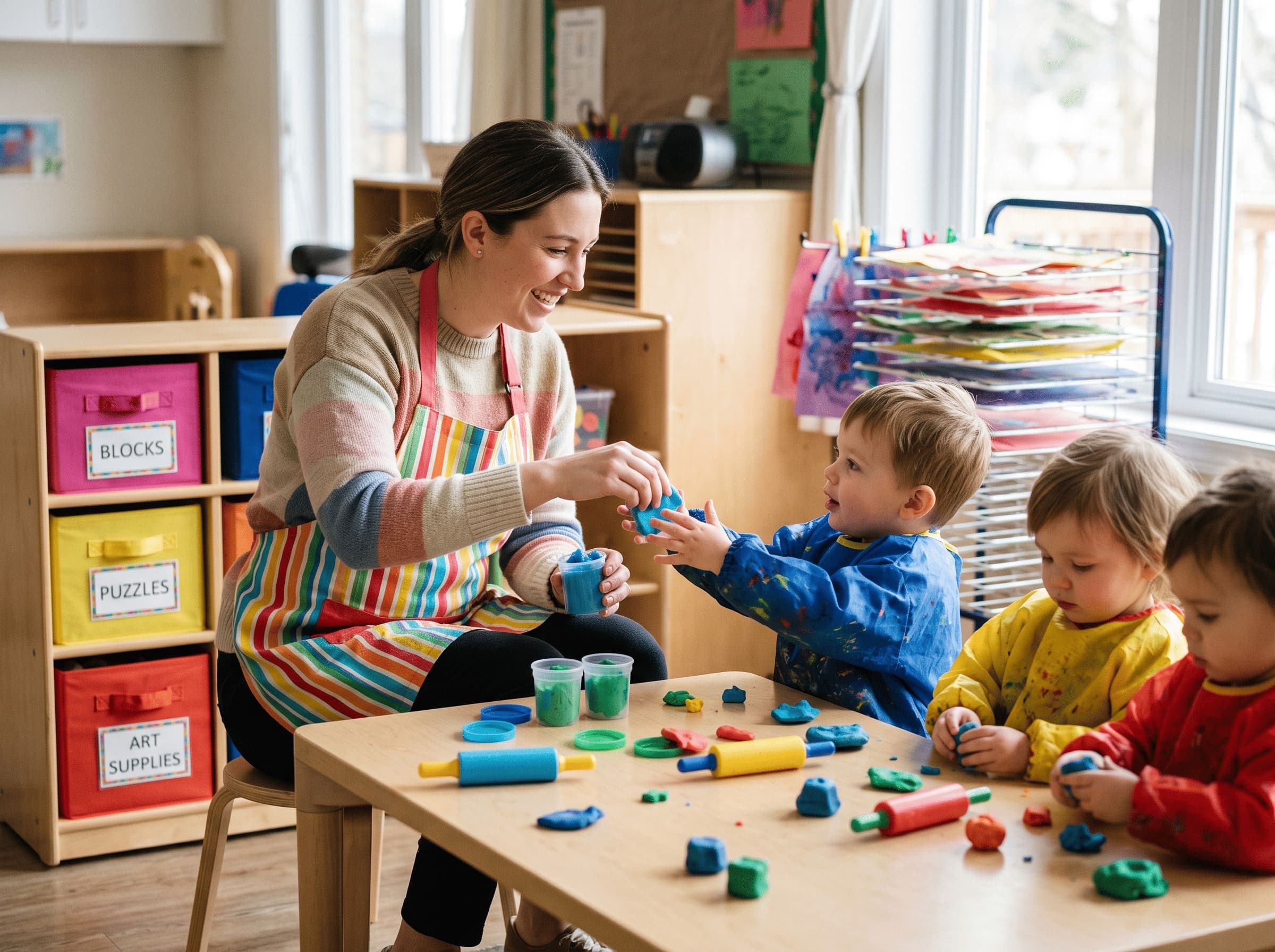 Educator opening packs of modeling clay at a table with three young children