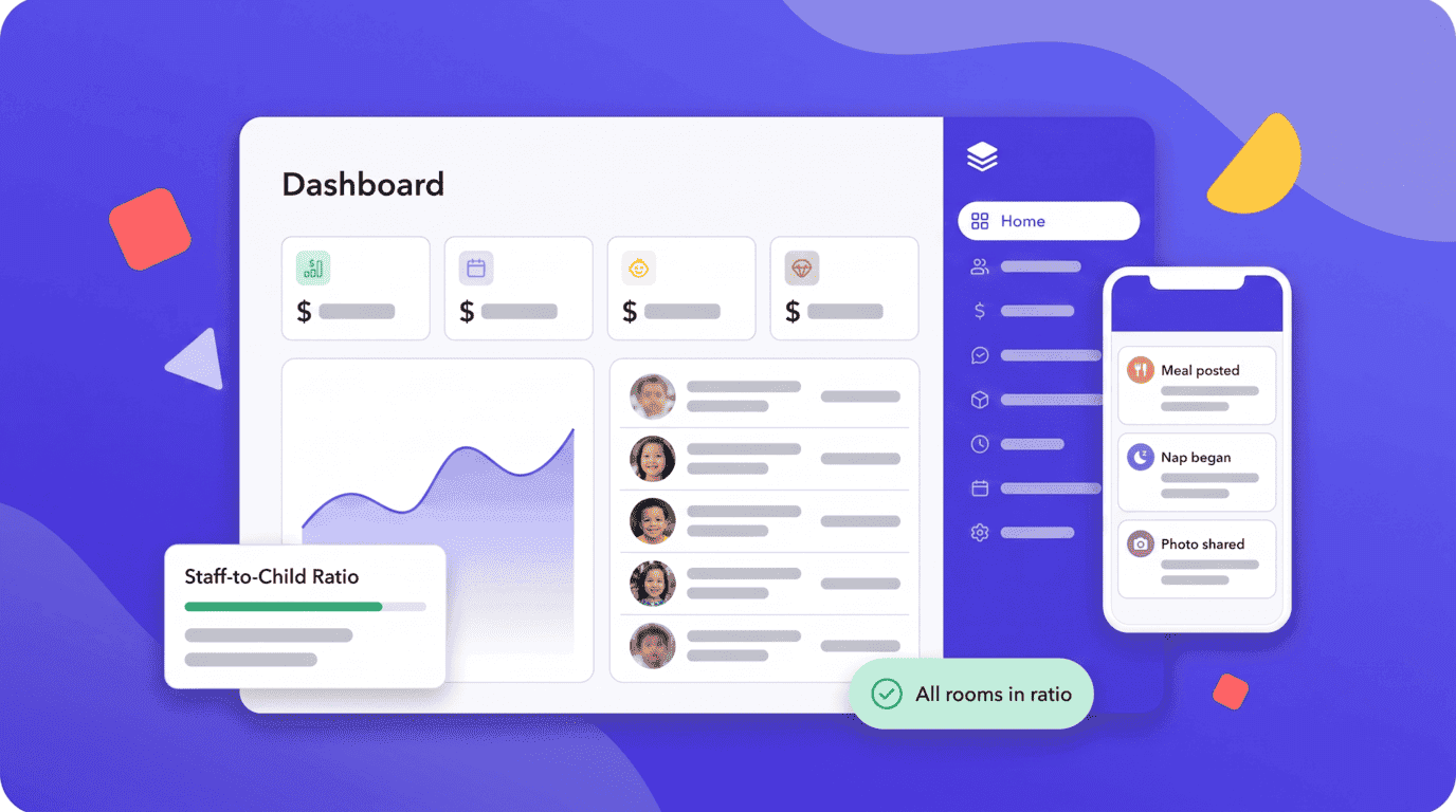 Daily Cubby dashboard showing center KPIs, room ratios, and a live child roster, with the parent app alongside