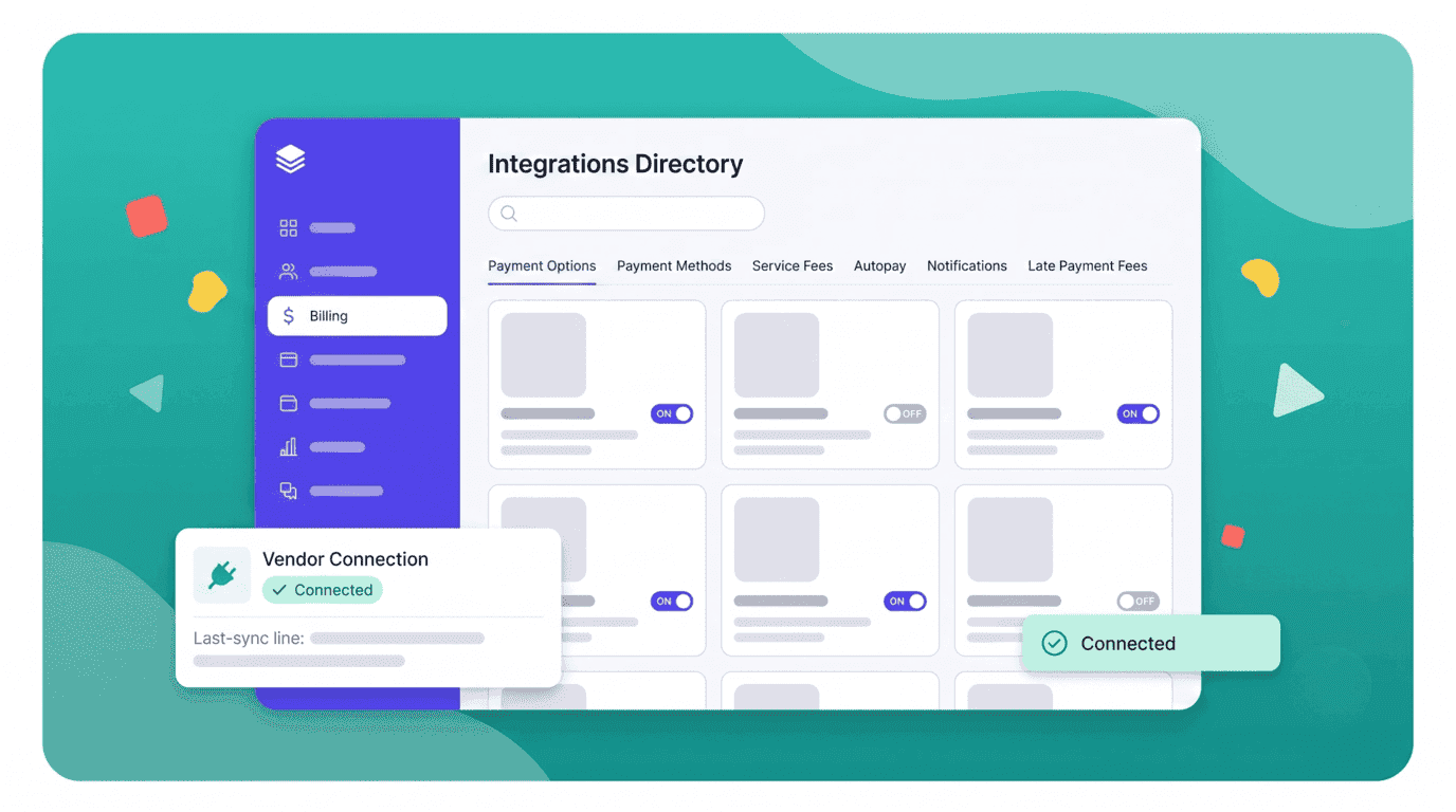 Daily Cubby integrations directory with a grid of connectable apps, each with an on-off toggle, plus a connection status card