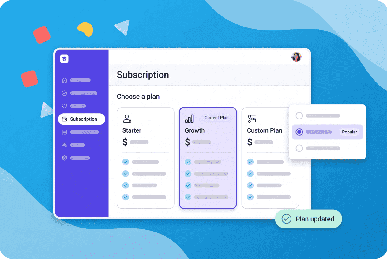Daily Cubby subscription settings with three plan cards and a plan selector, the middle plan highlighted