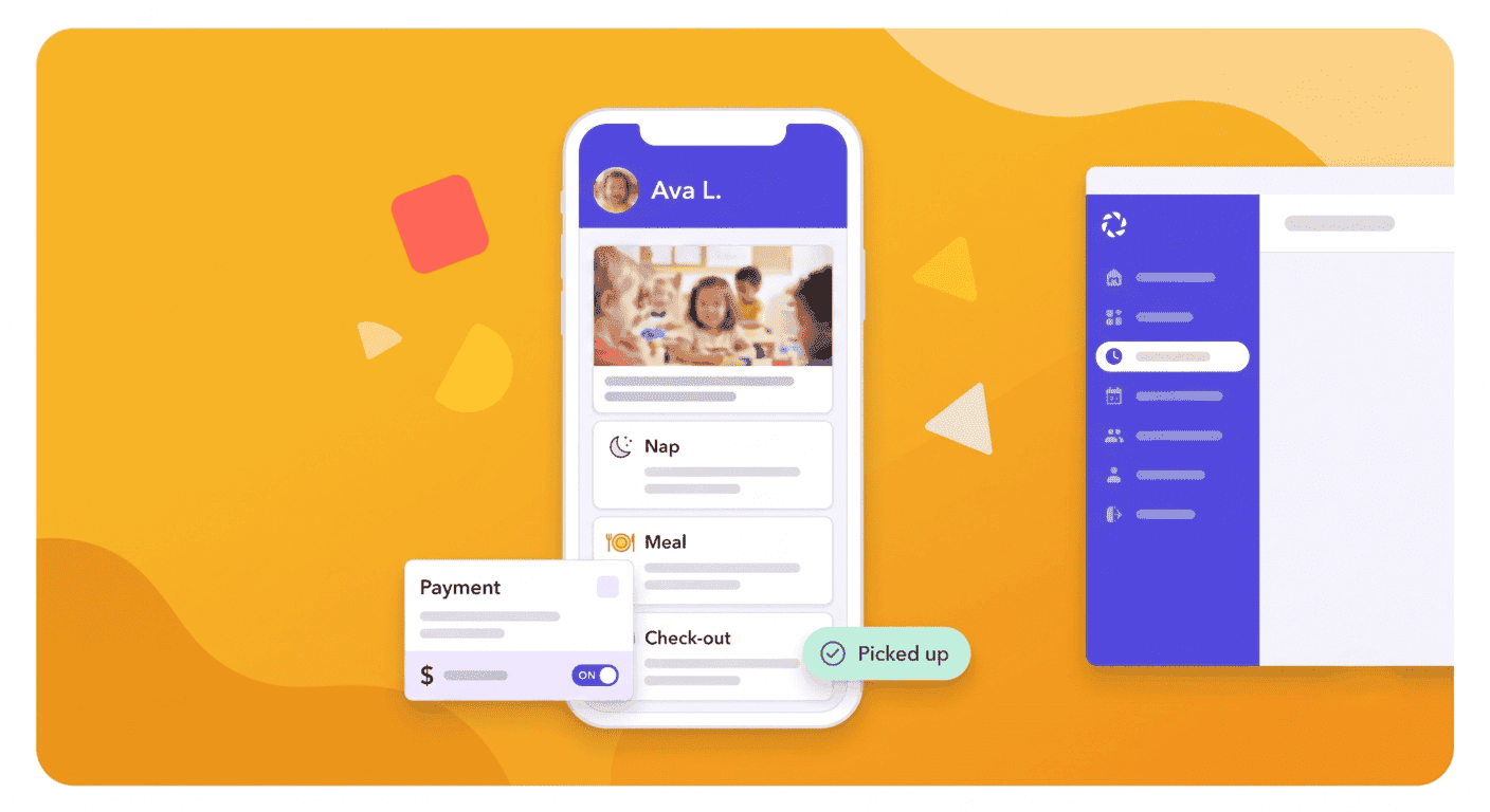 Daily Cubby parent app showing a child's daily feed of photos, naps, meals, and check-out, with a tuition payment card