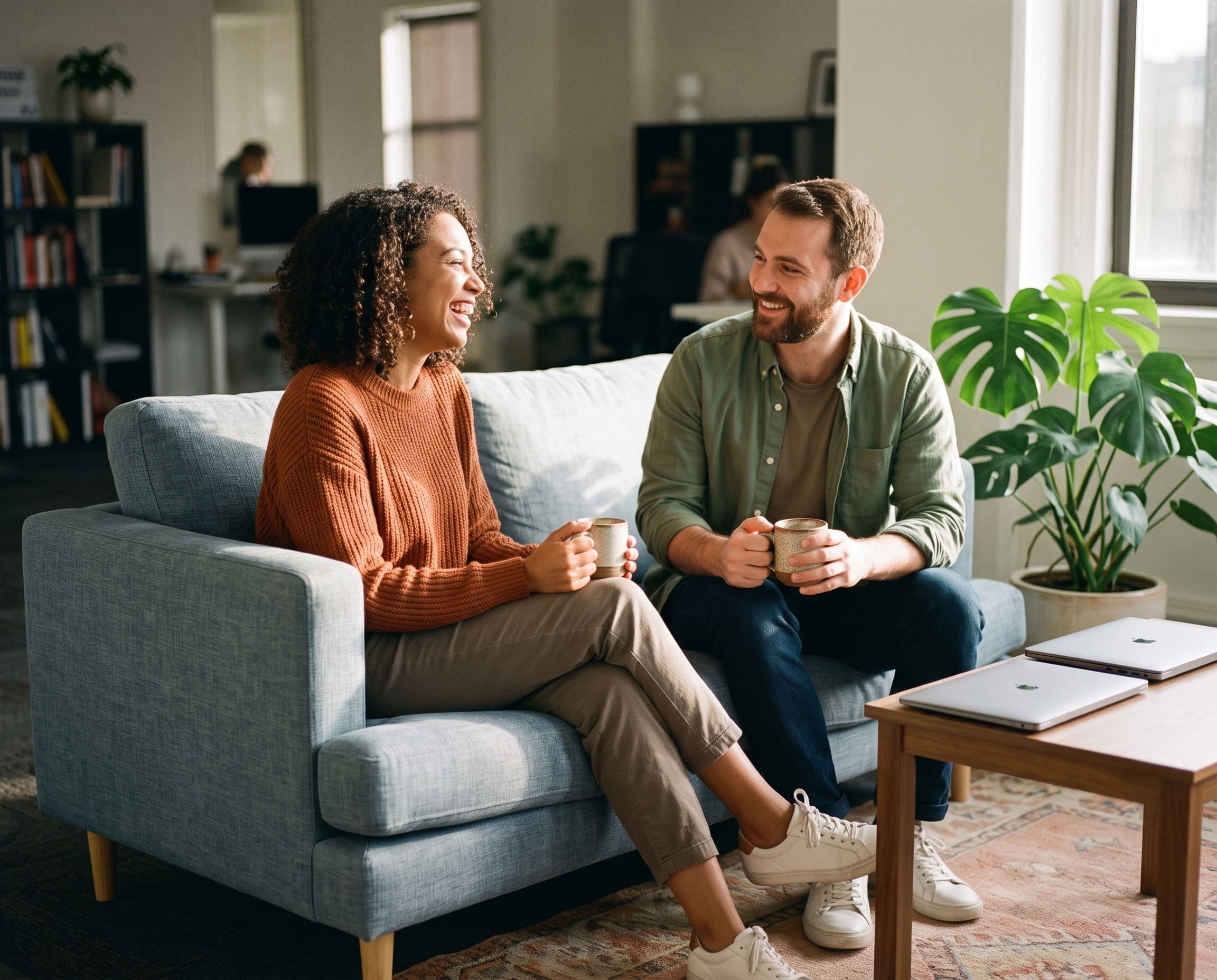 Two colleagues laughing over coffee on a sofa in a bright office lounge