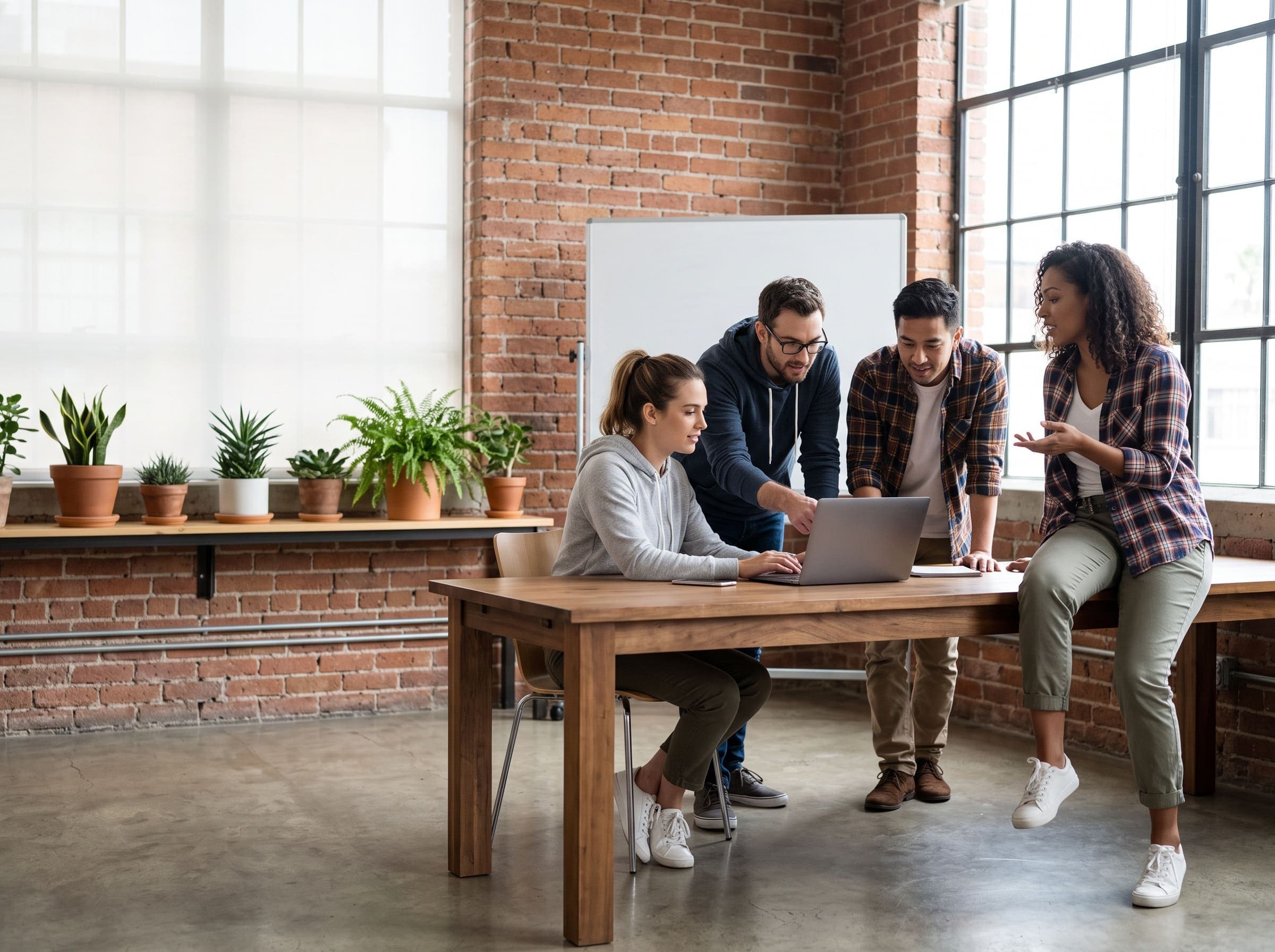 Four colleagues gathered around a laptop at a shared table in a brick-walled office