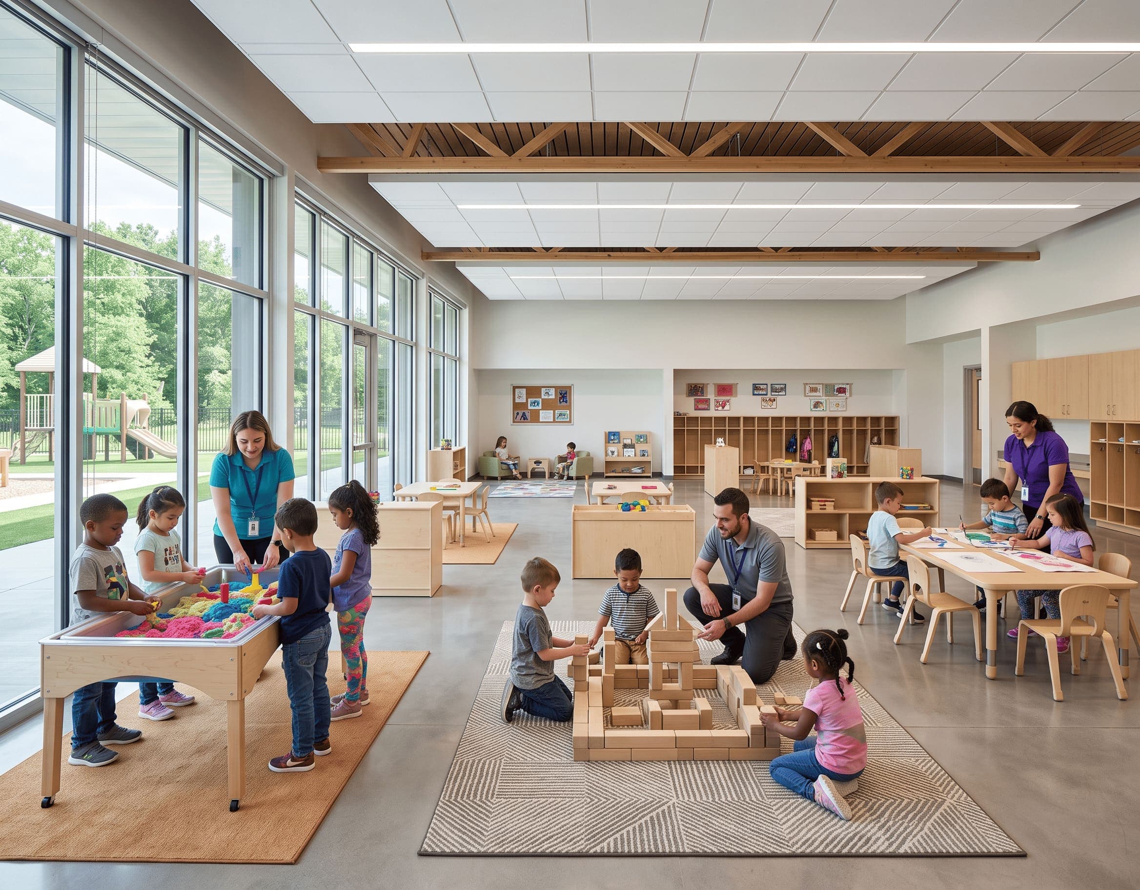 Busy childcare hall filled with families and uniformed children at mealtime tables