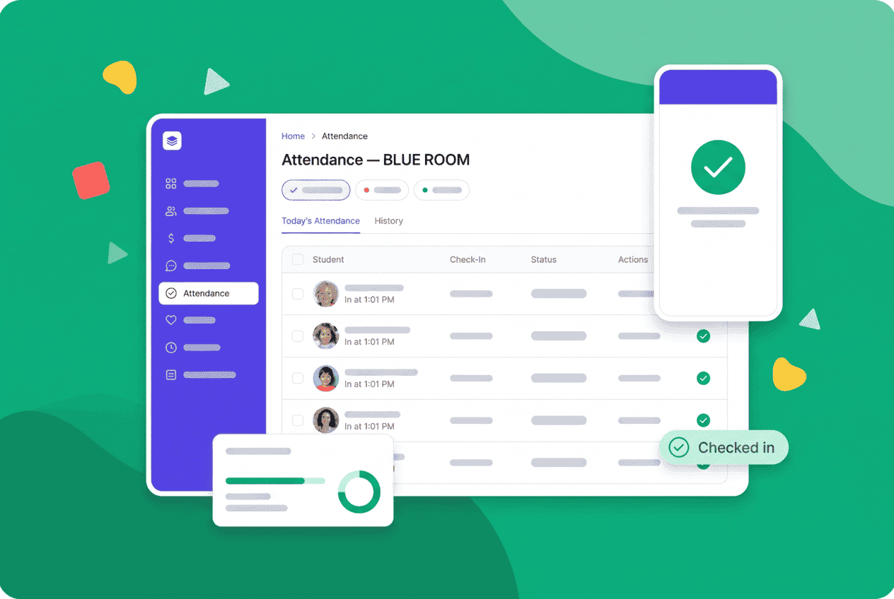Daily Cubby check-in roster with a mobile check-in confirmation and an attendance summary card