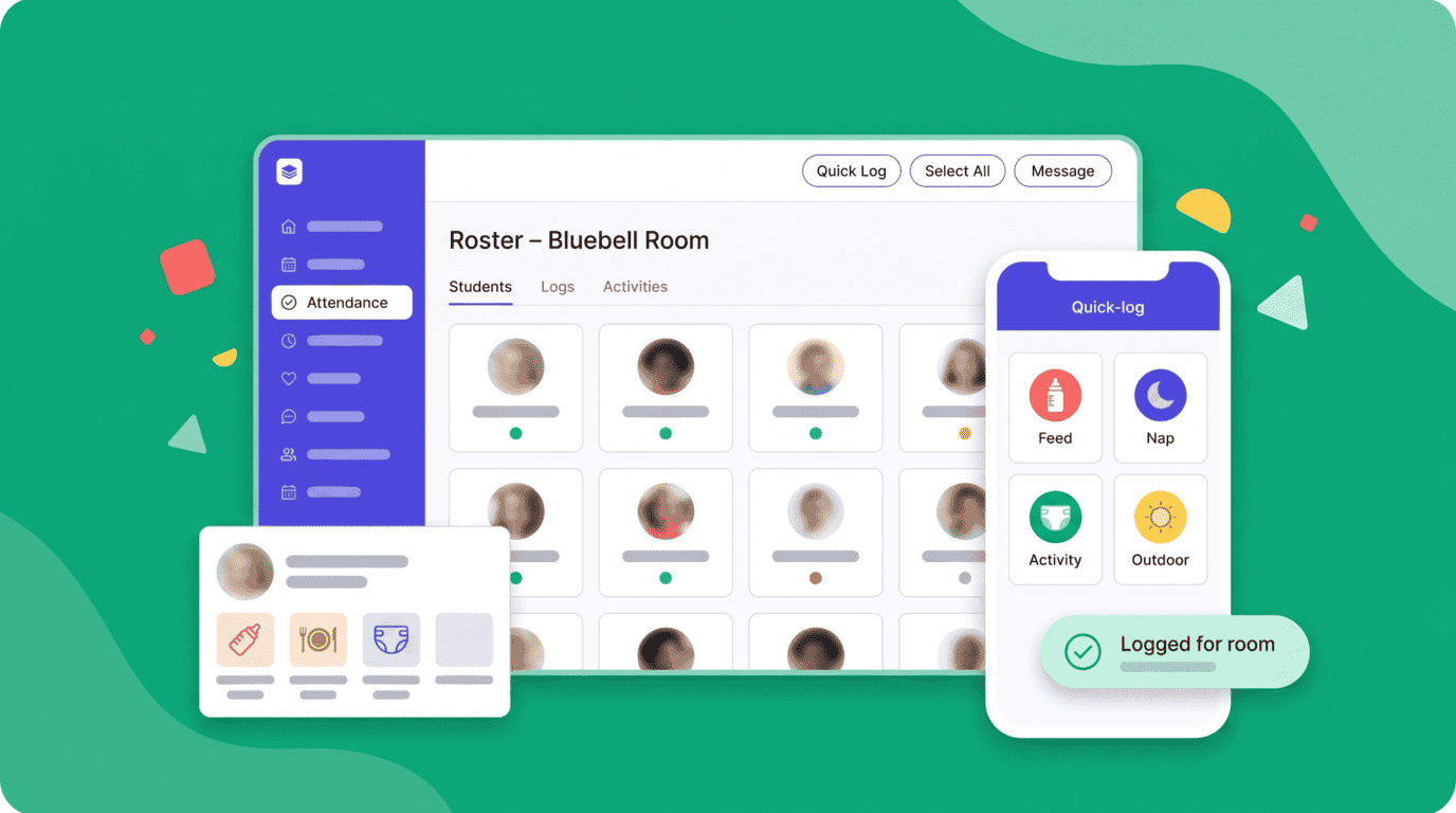 Daily Cubby classroom roster for a single room, with each child's status at a glance and a phone quick-log screen for meals, naps, and diapers